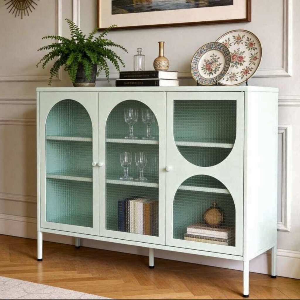 AILA Low Display Cabinet — Geko Green Body: Spray Paint Steel Door: Ribbed Glass Display Cabinet - photo 2