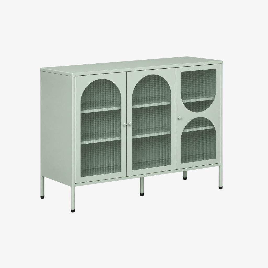 AILA Low Display Cabinet — Geko Green Body: Spray Paint Steel Door: Ribbed Glass Display Cabinet