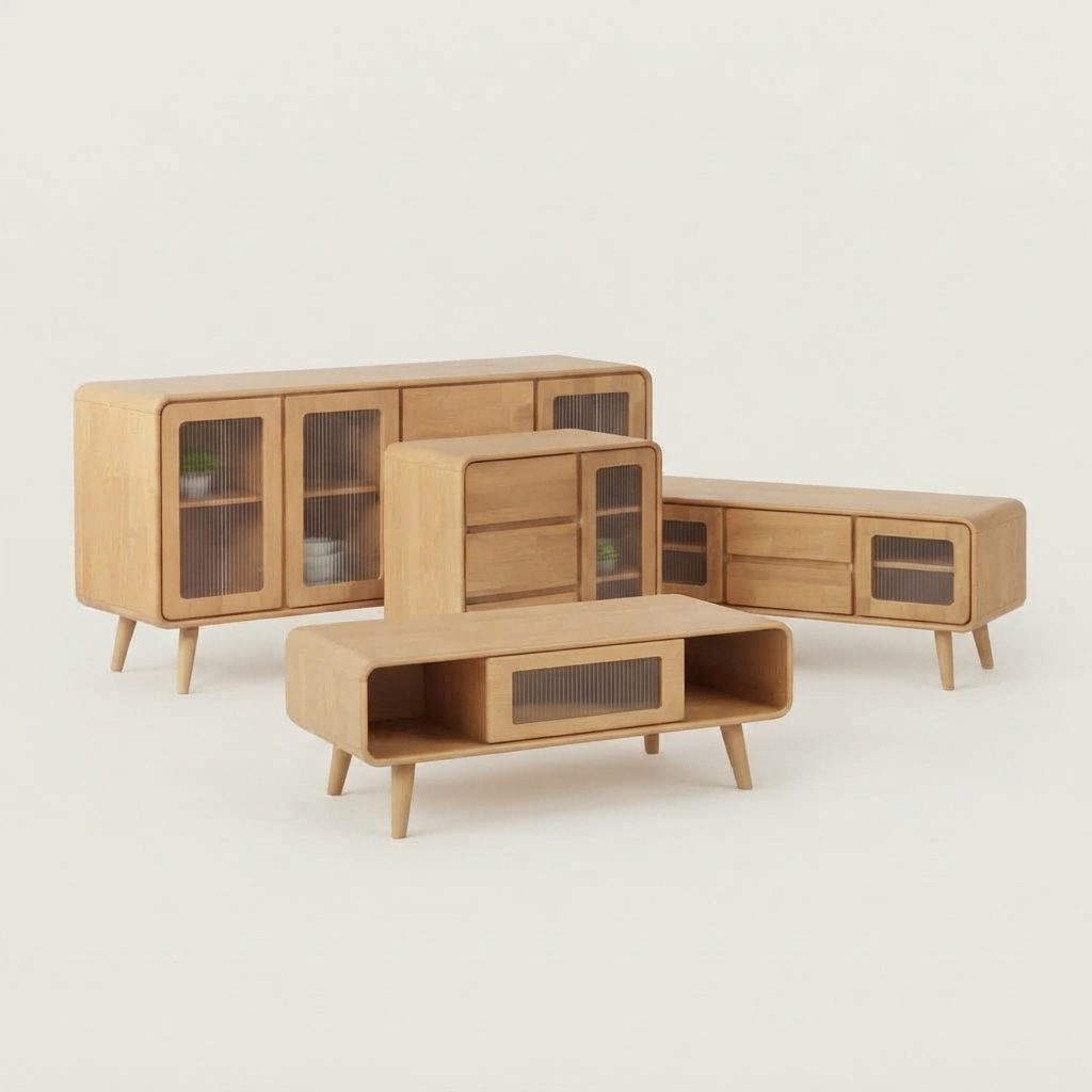AKON - Muji  Living Hall Set — Natural Rubber Wood Colour Wood Muji Style