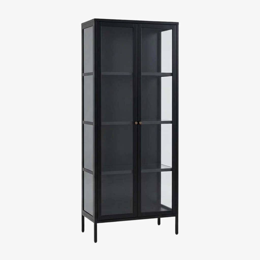 Aria Display Cabinet — Black Body: Spray Paint Steel Door & Side Panel: Tempered Glass Display Cabinet