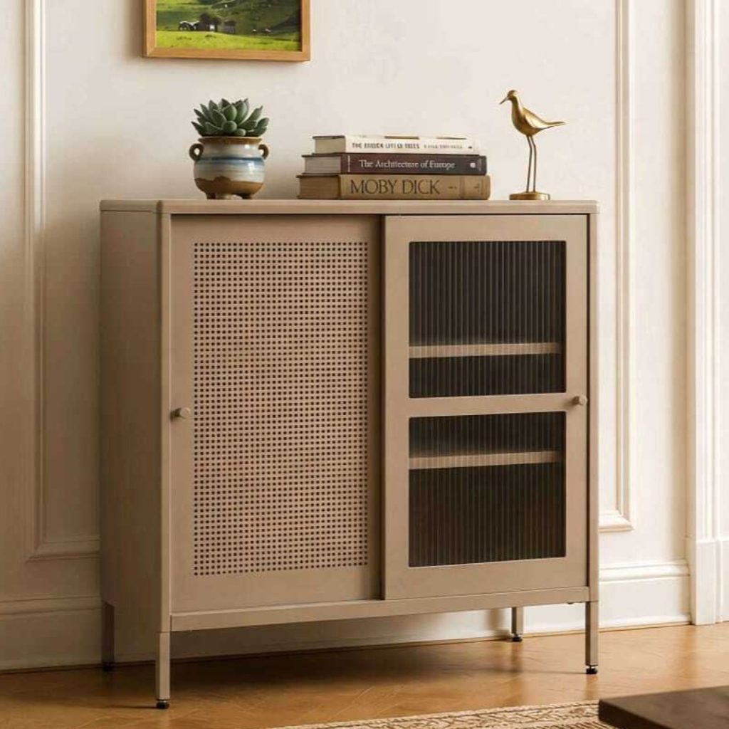 Ester Low Display Cabinet — Taupe Body: Spray Paint Steel Door: Ribbed Glass / Perforated Display Cabinet - photo 3