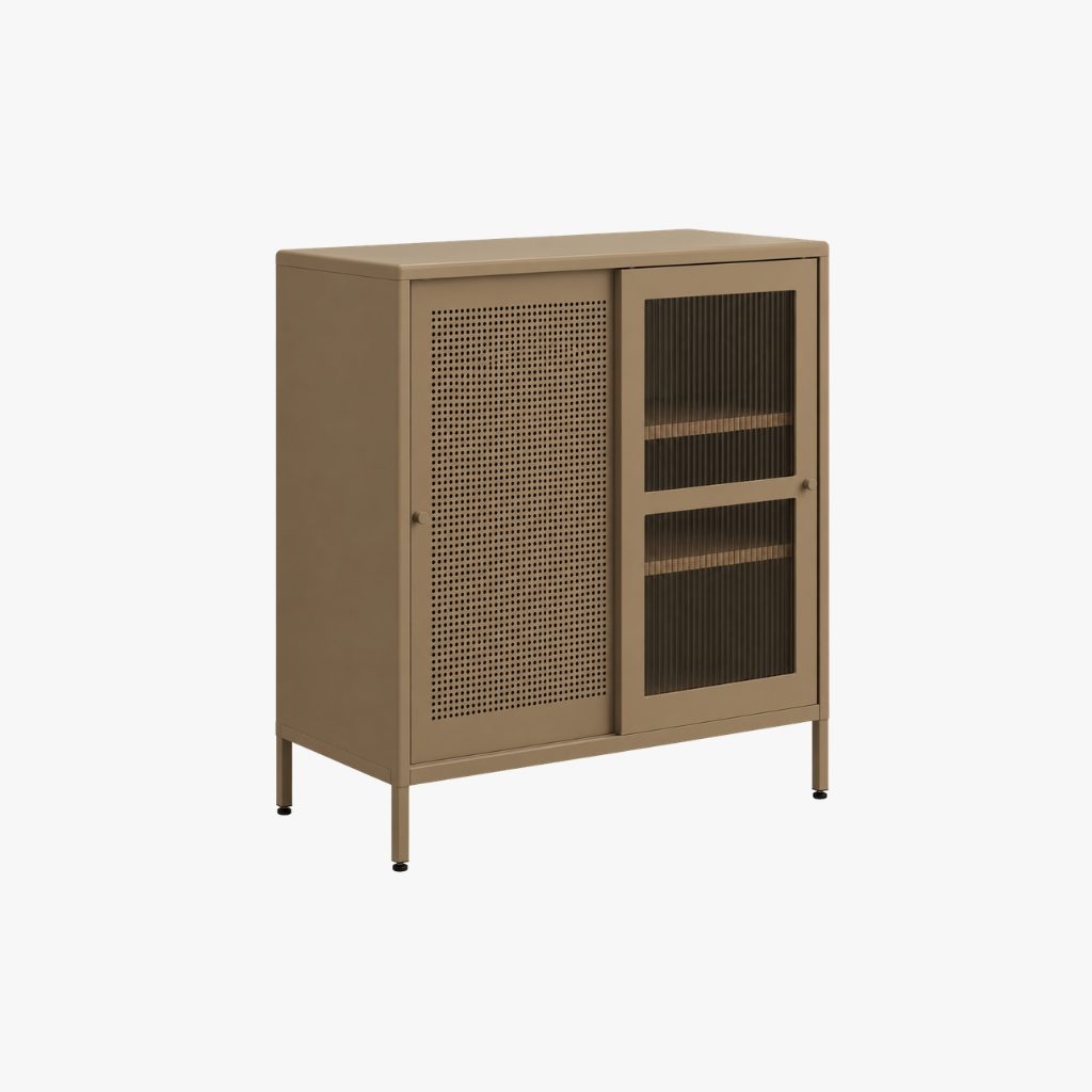 Ester Low Display Cabinet — Taupe Body: Spray Paint Steel Door: Ribbed Glass / Perforated Display Cabinet