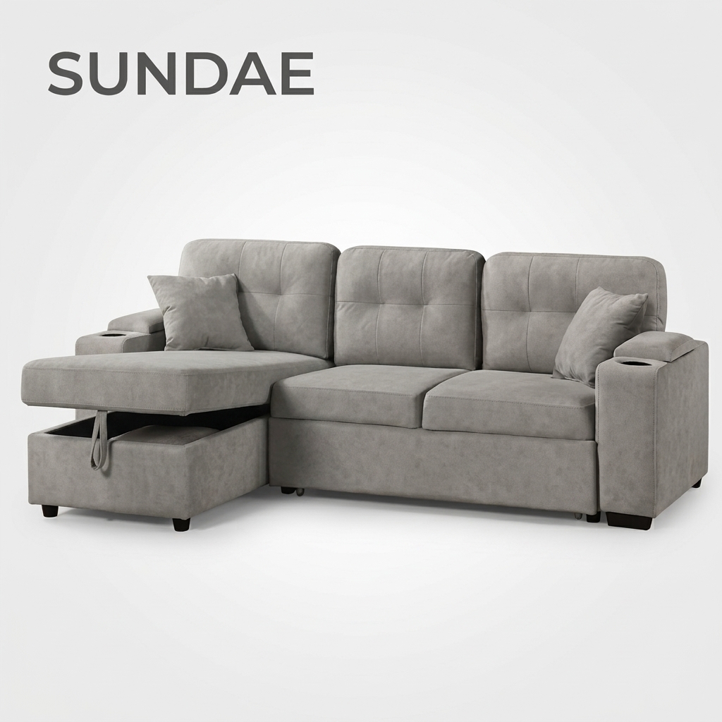 SUNDAE - Open Storage L Shape Sofa — Ash Grey Wooden Frame L Shape Sofa