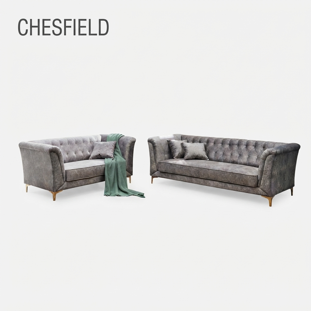 Chesfield - Classic Sofa Set — Grey Velvet Wood Frame