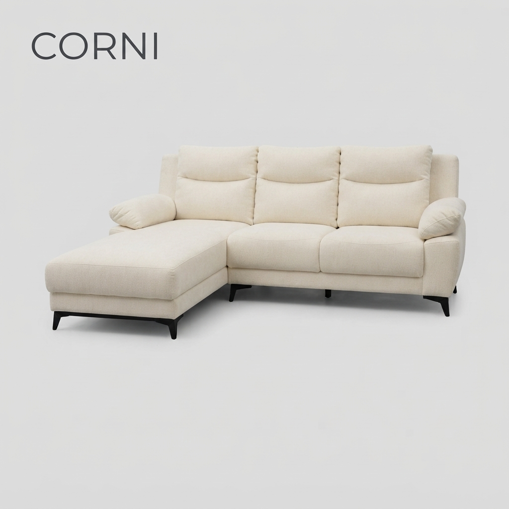 CORNI - 2+1 L Shape Sofa — Cream / Grey Wood Base L Shape Sofa