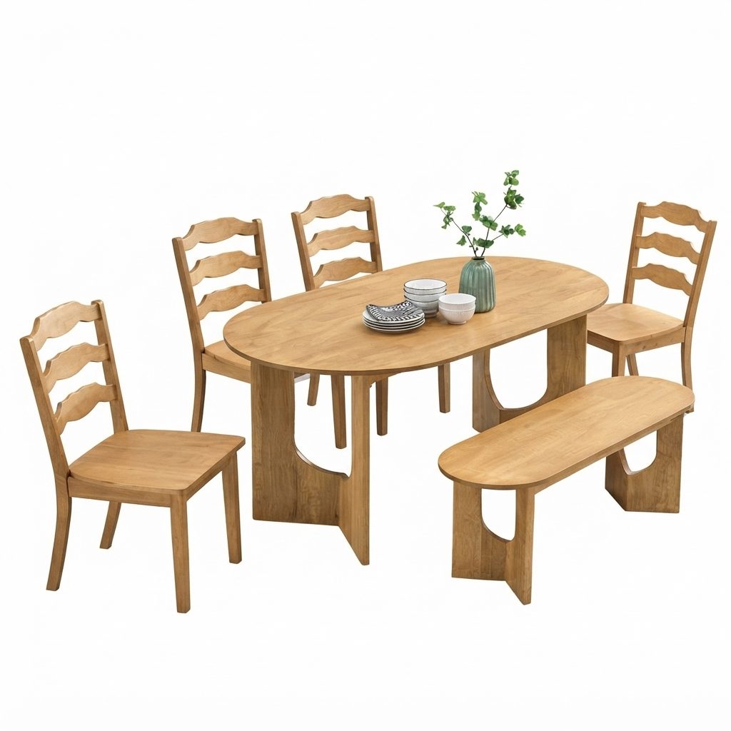 DODI - Wooden Dining Set — Oak Colour Wood Dining 1+6 Set