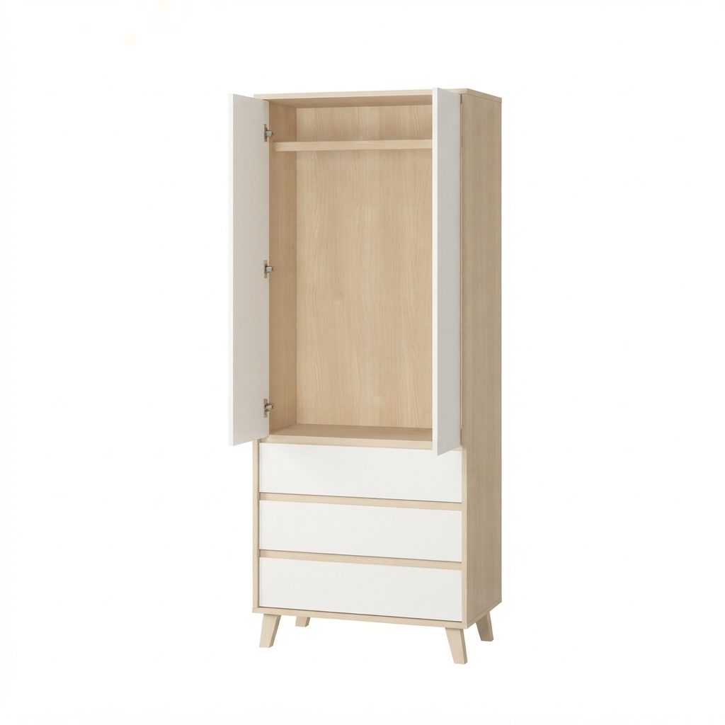 MUJI - Open Door Wardrobe — High Gloss white Door , nateral Wood Colour ChipBoard & MDF High Gloss Door Wardrobe