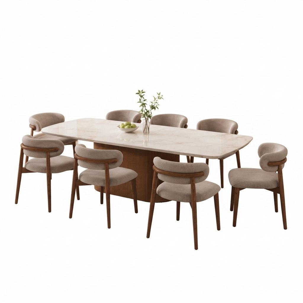 AMBIEN - Dining Set — Walnut Wooden / Pearl White Marble Marble Top Table / Solid Wood Chair Dining 1+8 Set