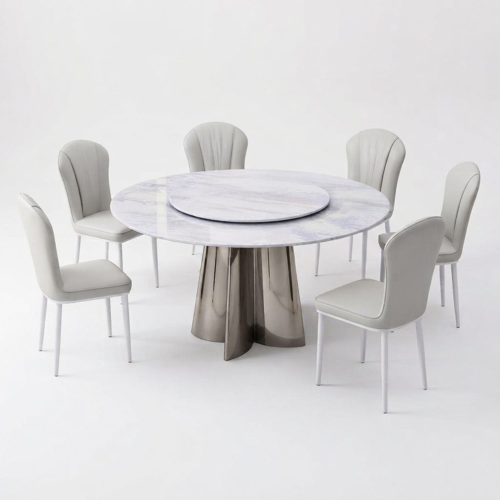 KINGE - Marble Dining — Marble / Chrome Marble Top & Stainless Steel Leg Dining 1+6 Set