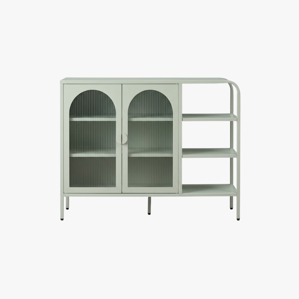 MADISON Low Display Cabinet — Geko Gree Body: Spray Paint Steel Door: Ribbed Glass Display Cabinet