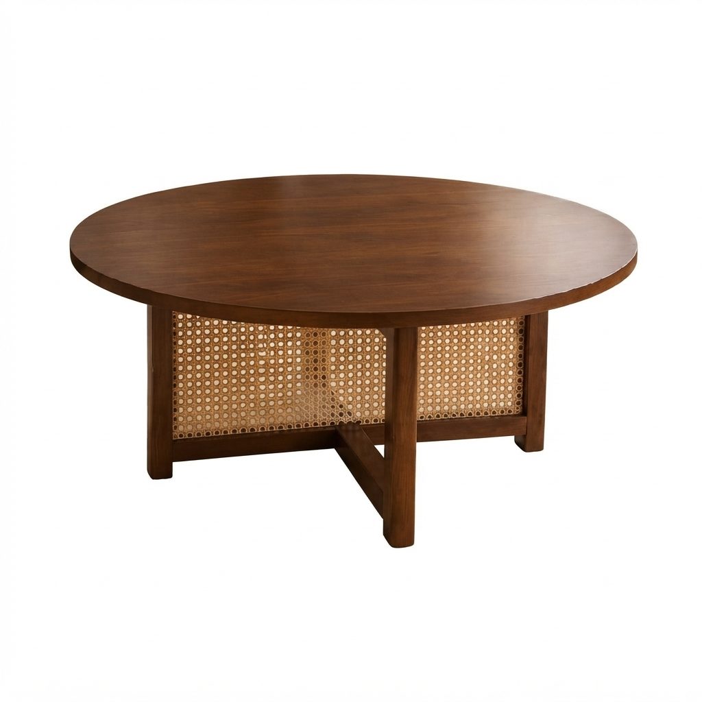 Muji Rattan Round Coffee Table — Walnut Wooden Wood Coffee Table