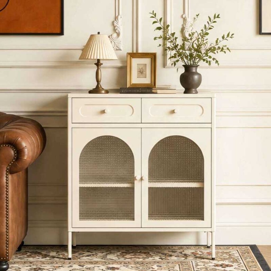NAMO Low Display Cabinet — Light Beige Body: Spray Paint Steel Door: Ribbed Glass Display Cabinet - photo 2