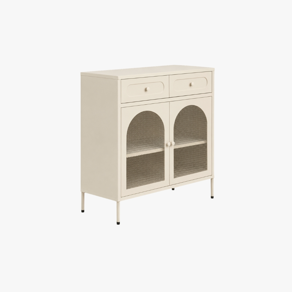 NAMO Low Display Cabinet — Light Beige Body: Spray Paint Steel Door: Ribbed Glass Display Cabinet