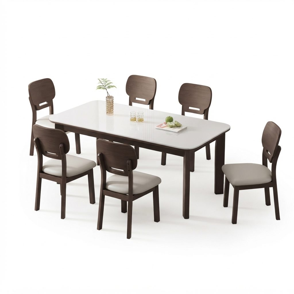 SIMI - Marble Solid Dining — Walnut Wood Dining 1+6 Set