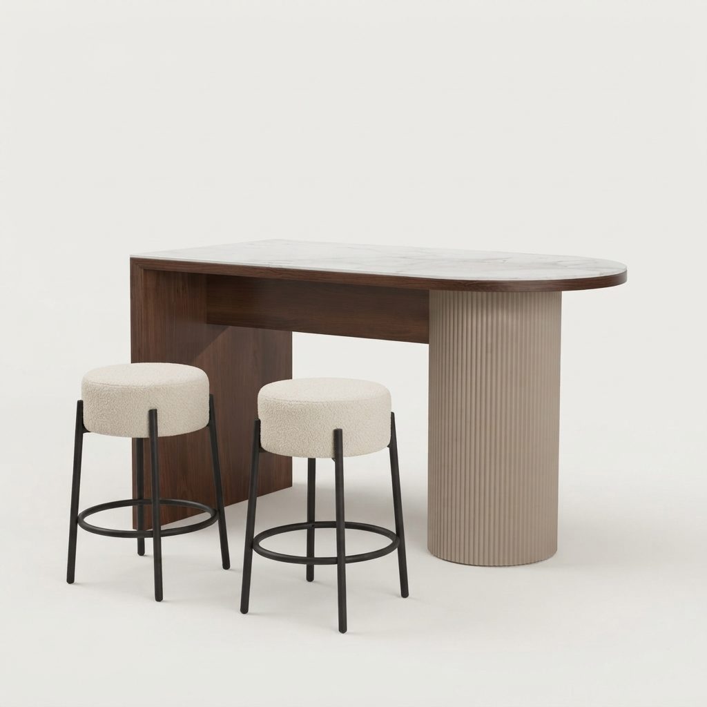 STELLO - Island Bar — Walnut / Nude Beige / Marble White Solid Veneer / Marble Top Retro Style