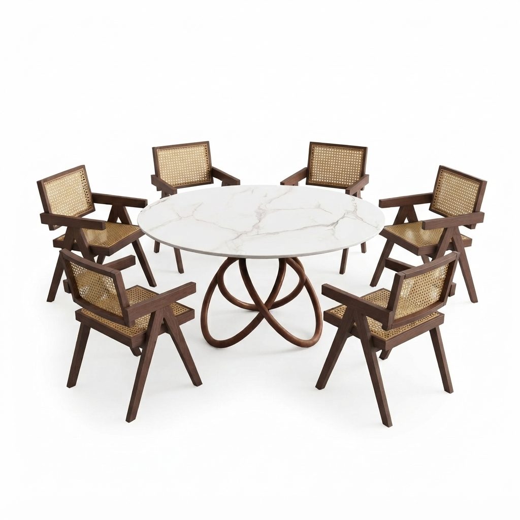 XOXI - Dining Set — Oak Colour Marble Top / Solid Rubber Wood