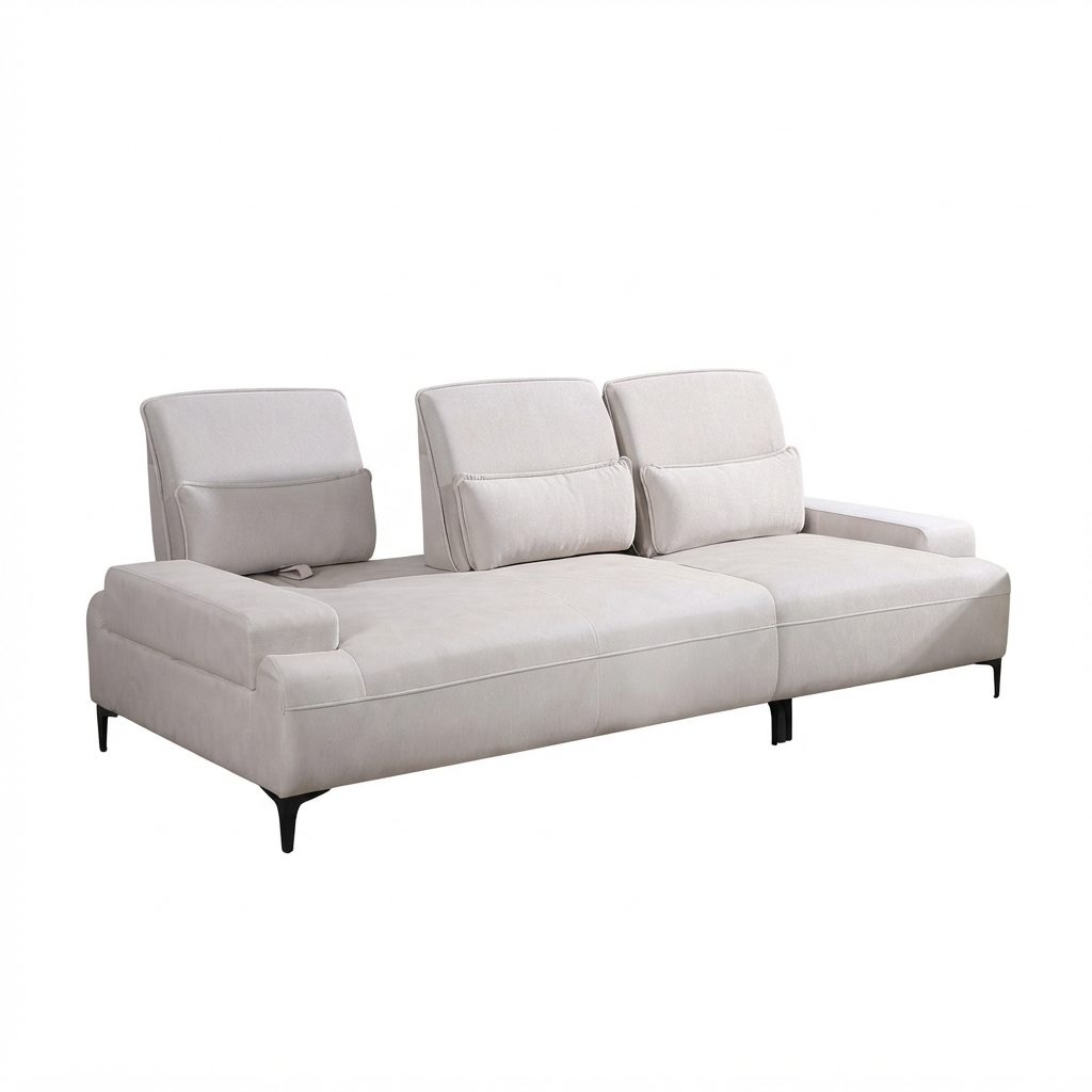 ZEANA 3 Seater PushBack Sofa — Beige Wooden Frame 3 Seater Sofa